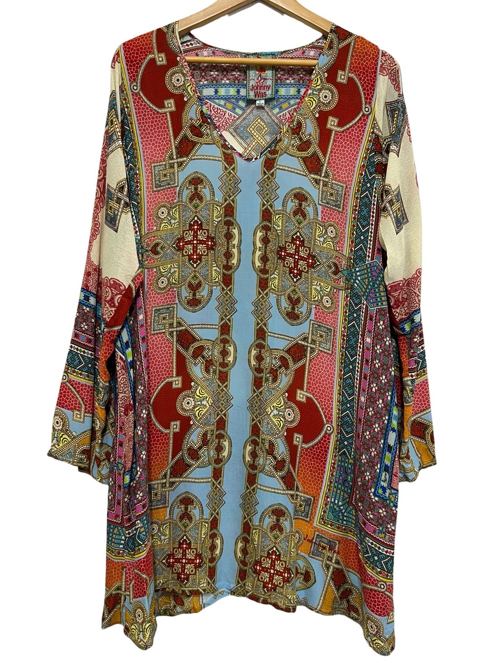 Johnny Was Mosaic Boho V-Neck Tunic Top Multicolor Geometric Long Sleeve Large